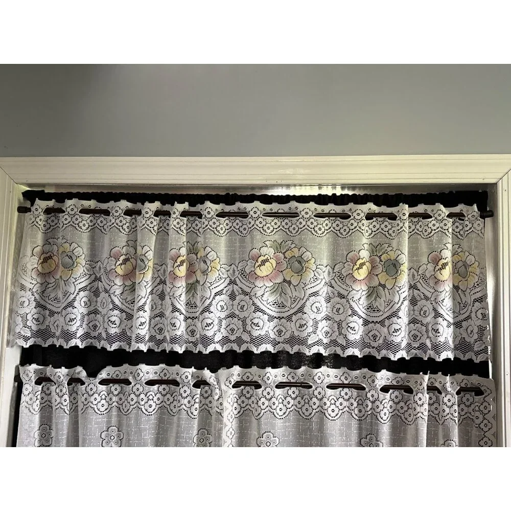 Floral Lace Curtain Set with Valance & Tiers